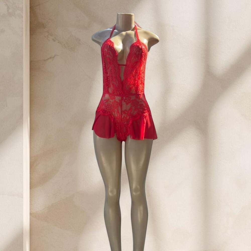Red Lace Bodysuit Lingerie – Halter Deep V Sheer Ruffle Detail Sexy ✧ L - Picture 2 of 4